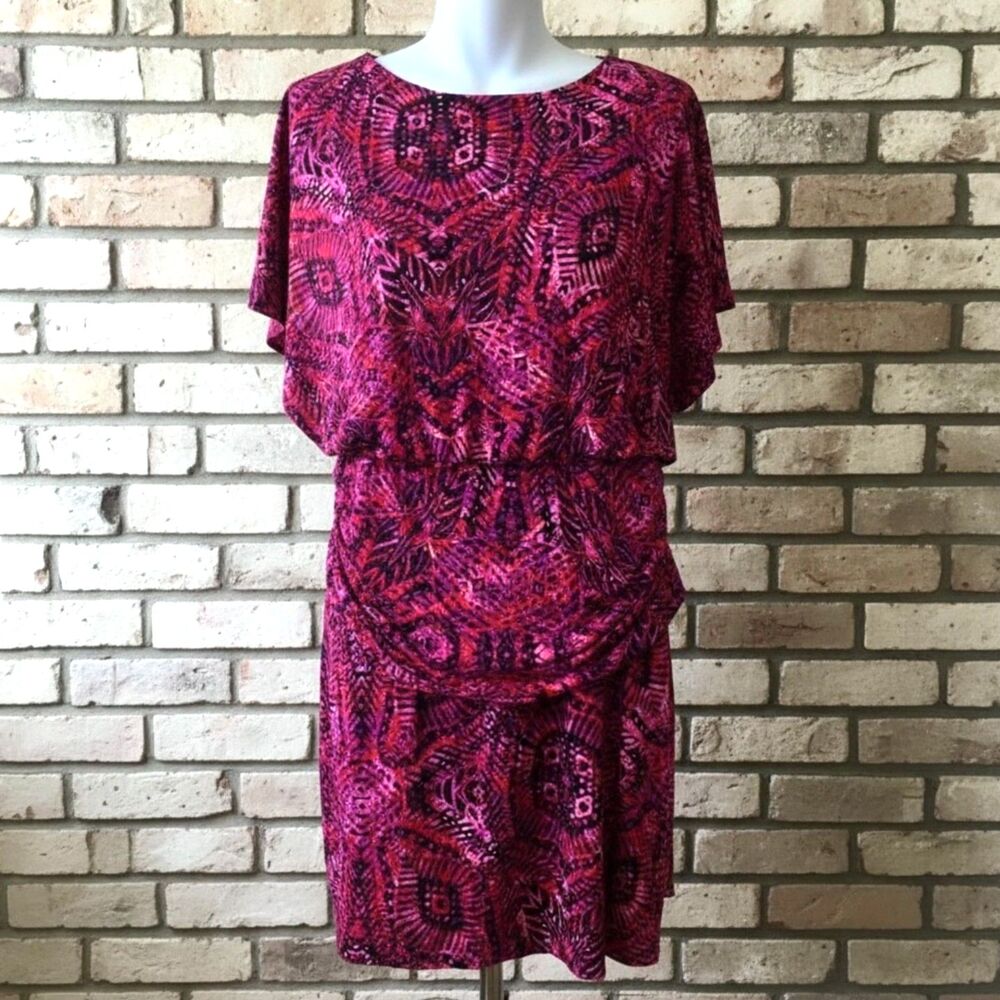 Chico's Pink and Purple Abstract Geometric Blouson Dress, Size 4/XXL